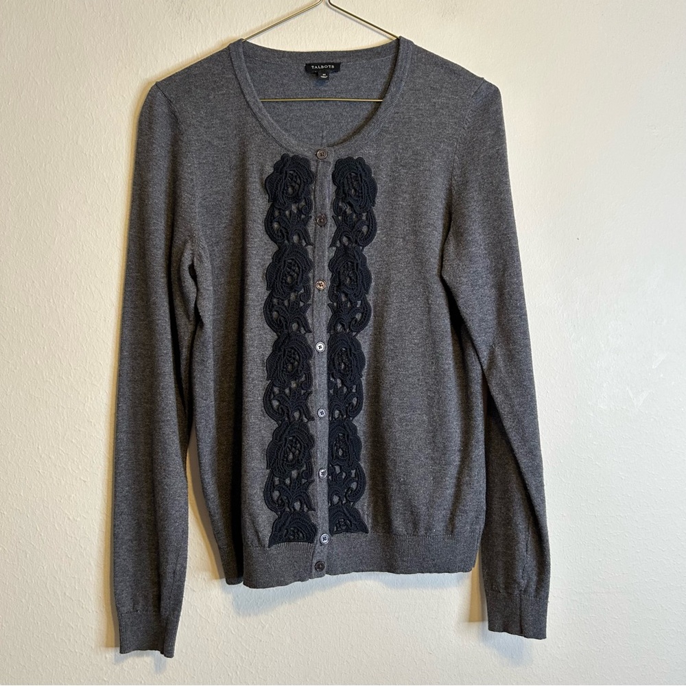 Talbots Women’s Gray Cardigan with Black Lace Accents Size M